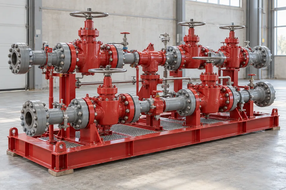 Illustrative red choke manifold on a steel skid