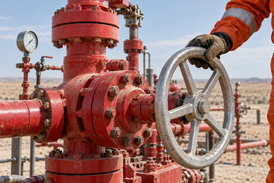 Illustrative close-up of a gloved engineer inspecting a well-testing manifold