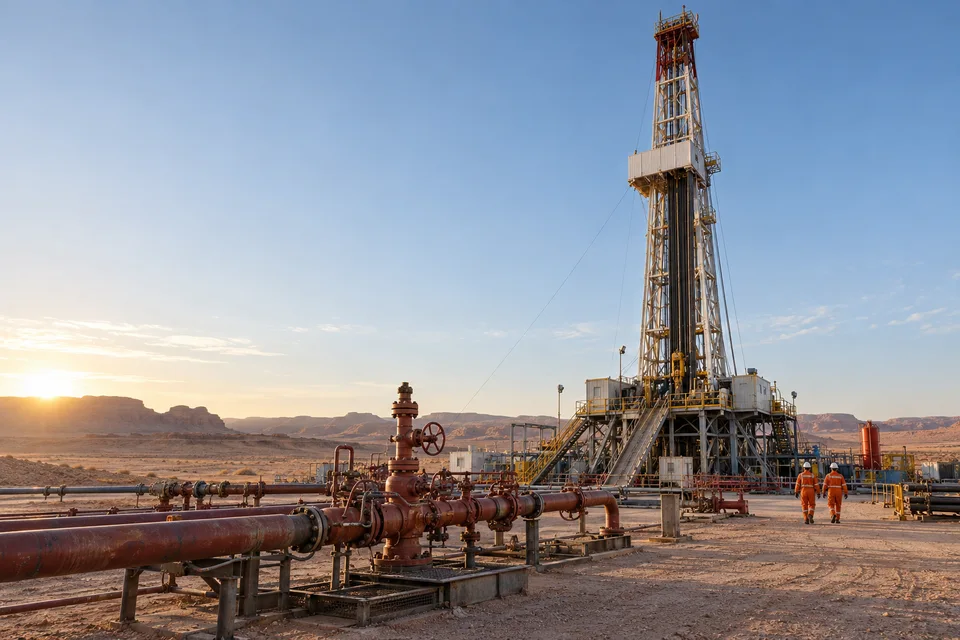 Illustrative remote desert wellsite with a steel derrick and red surface pipework
